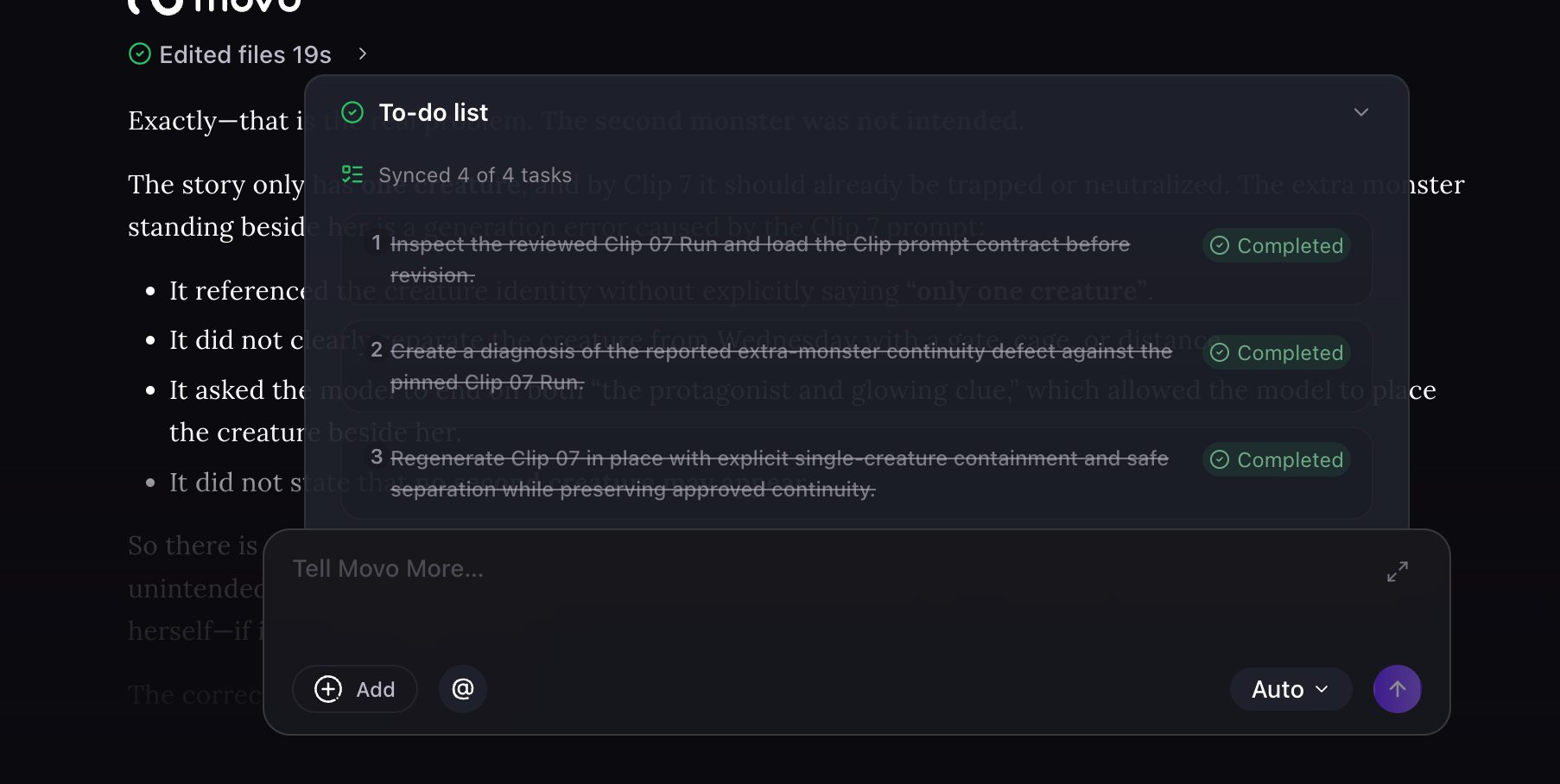 Movo AI To-do list — live rendering progress across the storyboard with per-shot task state