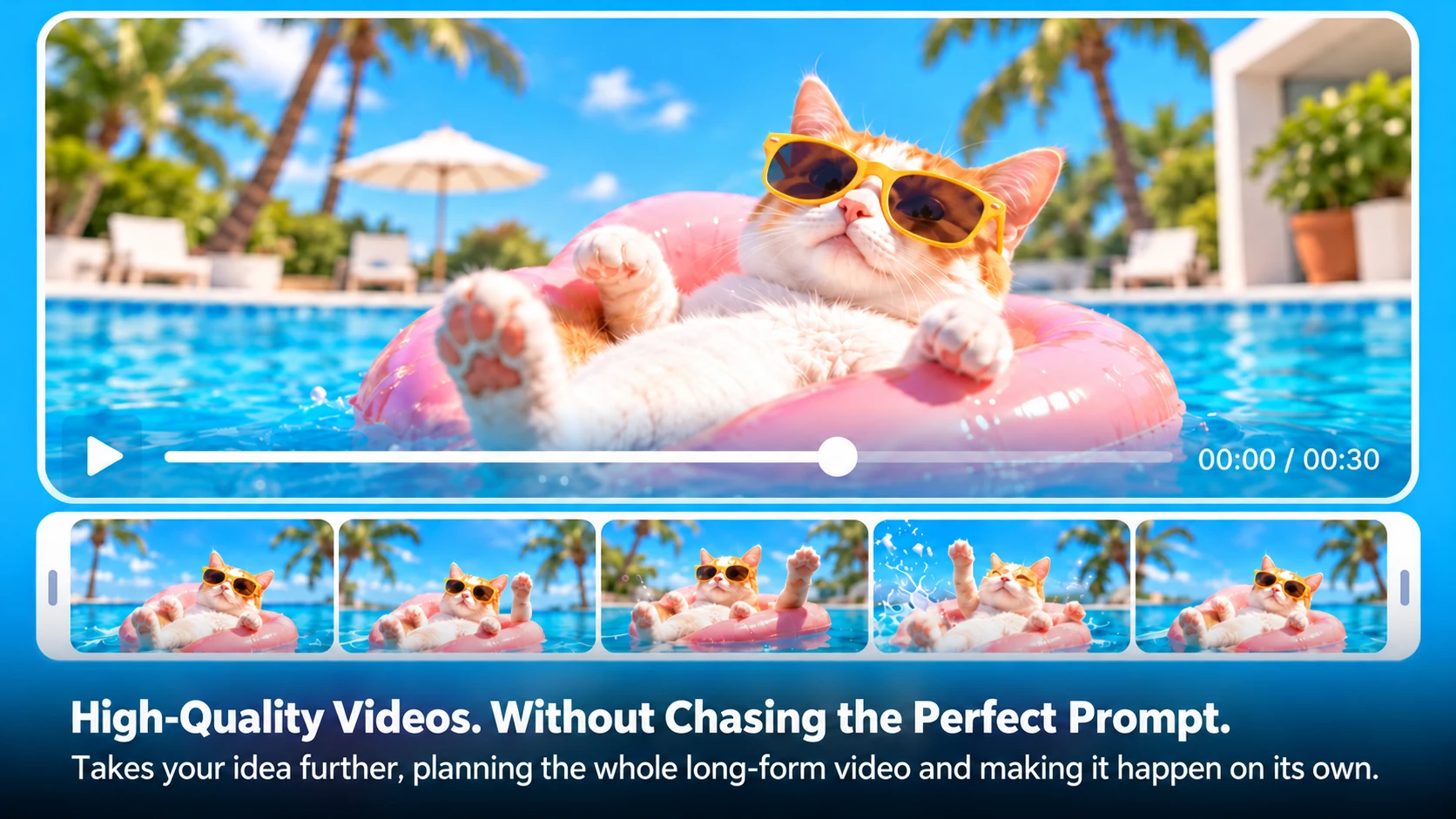 High-Quality Videos. Without Chasing the Perfect Prompt. A poolside cat video with a sequence of scenes.