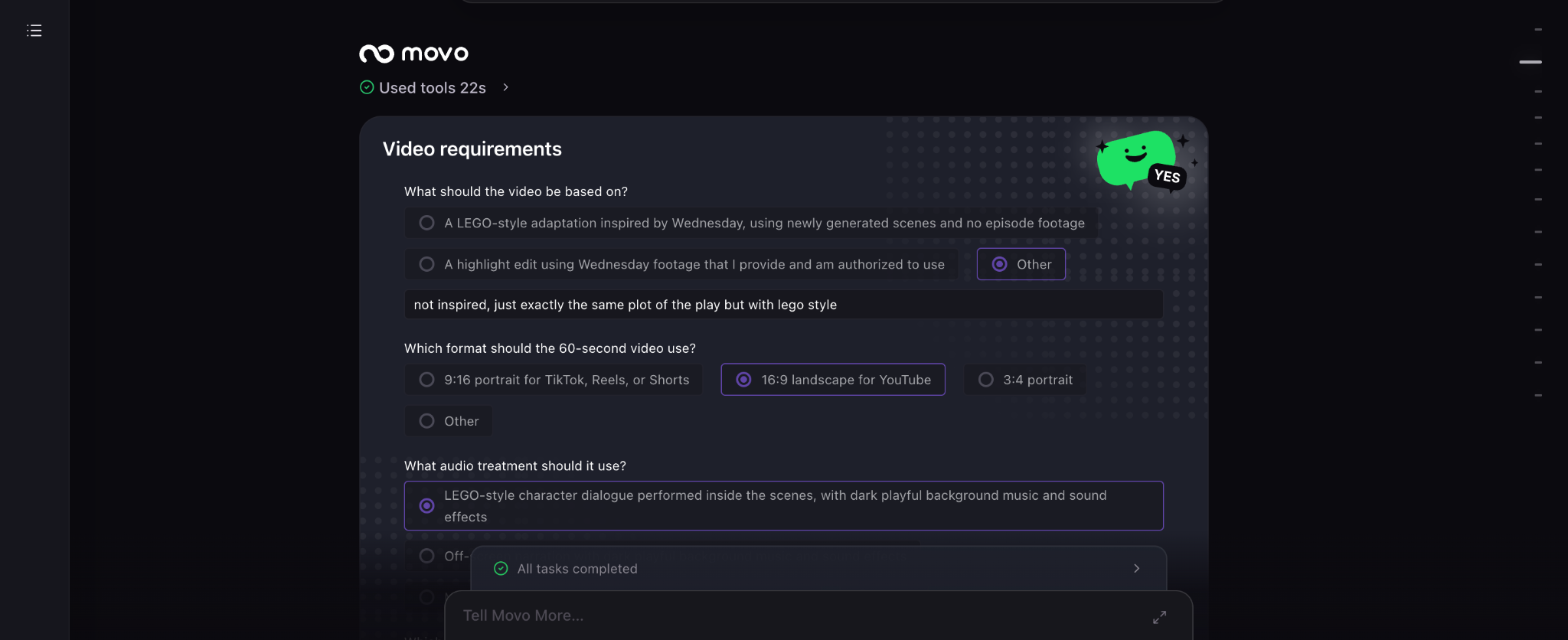 MOVO AI creation direction panel summarizing the proposed video concept — content type, audience, and visual style before script writing