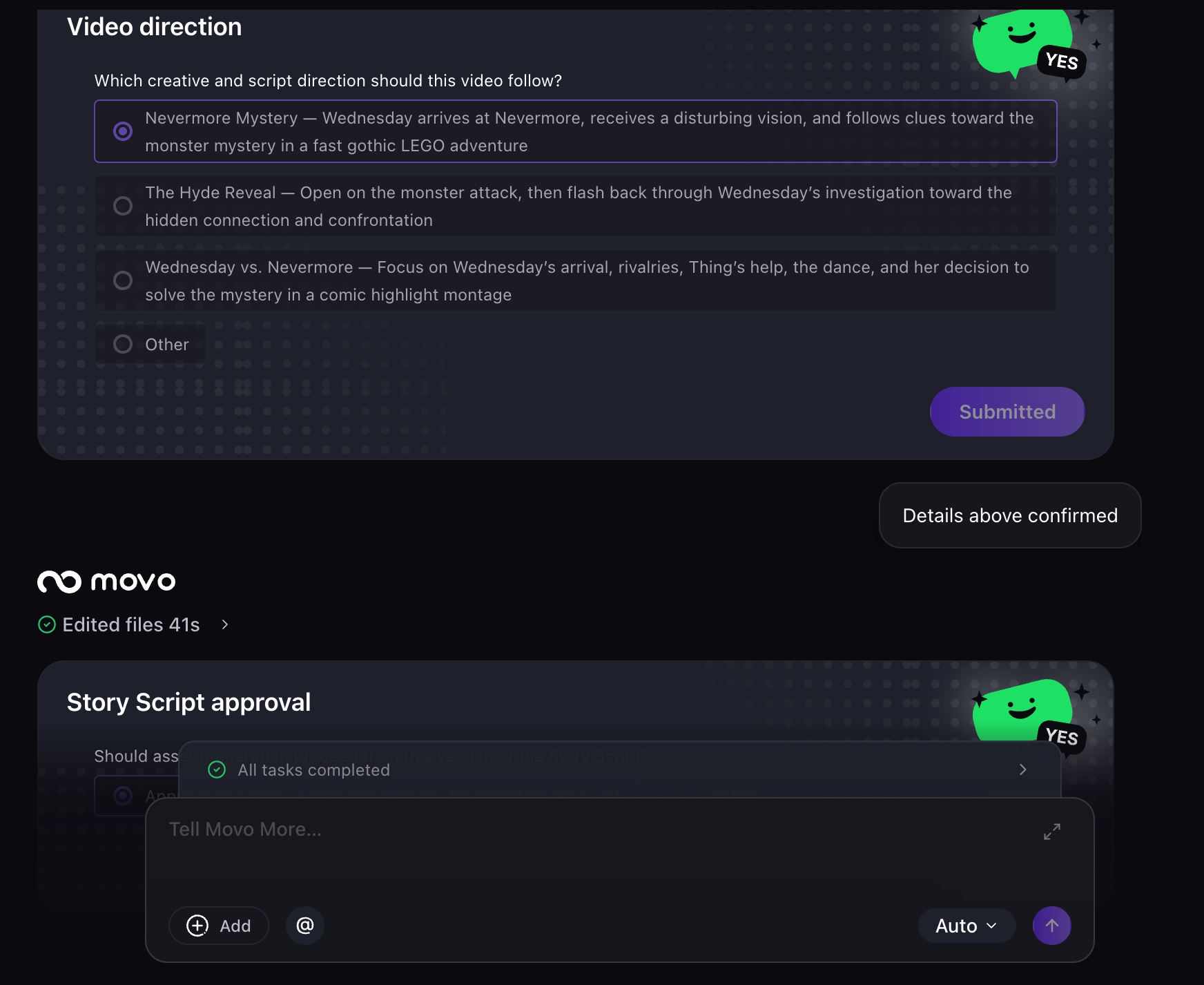 MOVO AI creation direction detail — narrative structure, asset roles, and platform format shown before generation begins