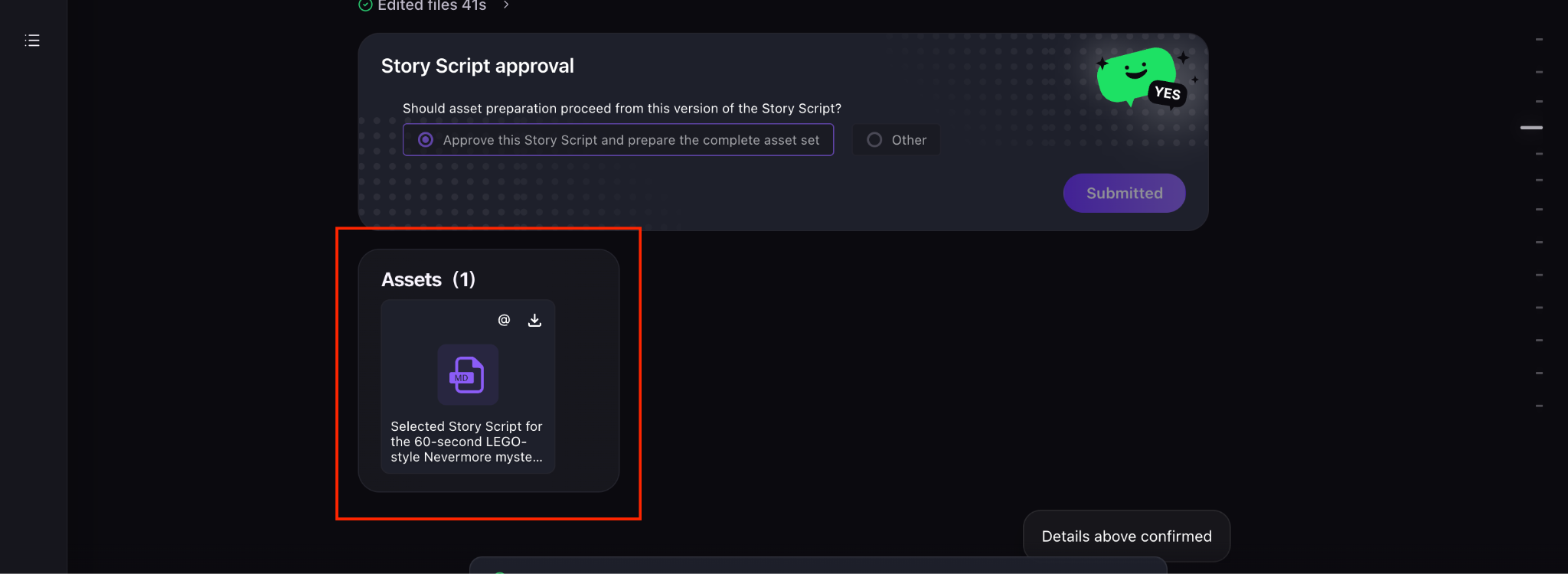 MOVO AI video script panel — structured scenes, pacing, and dialogue generated from the approved creation direction