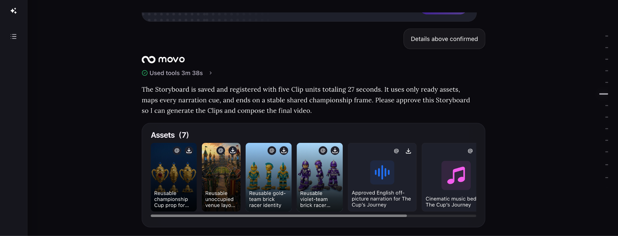 MOVO AI asset generation — character reference images, product renders, scene backgrounds, and audio produced from the approved storyboard