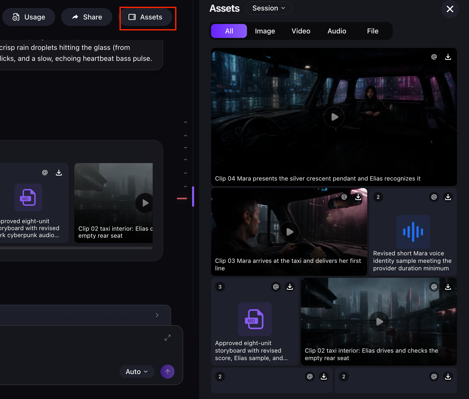 MOVO AI Assets panel — uploaded references and generated assets grouped by images, videos, audio, and files